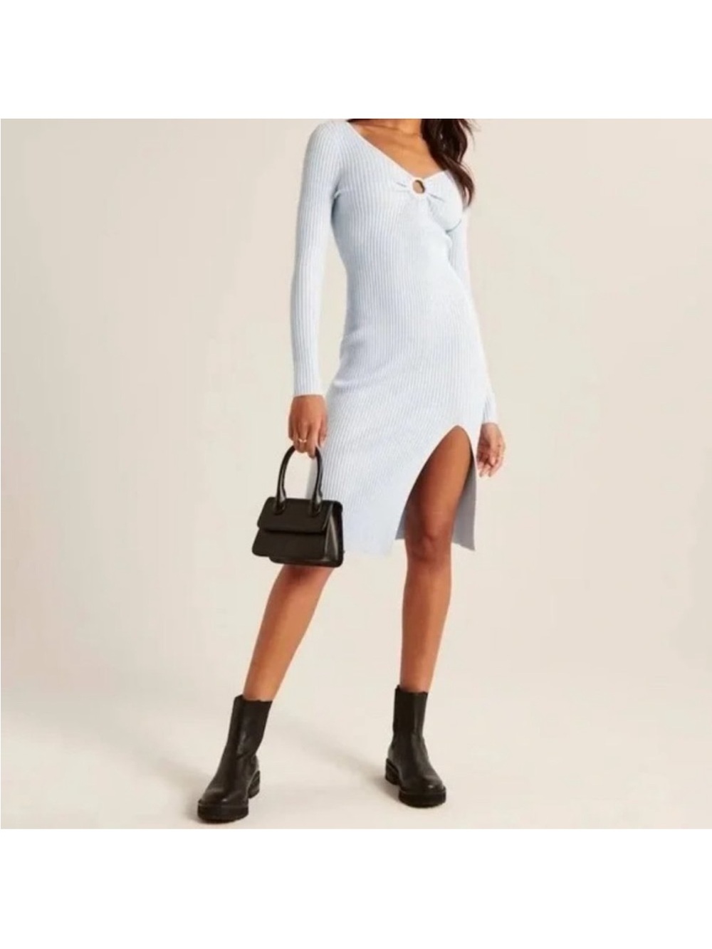 Abercrombie Ribbed Long Sleeve Side-Slit Sweater Dress in Light Blue
